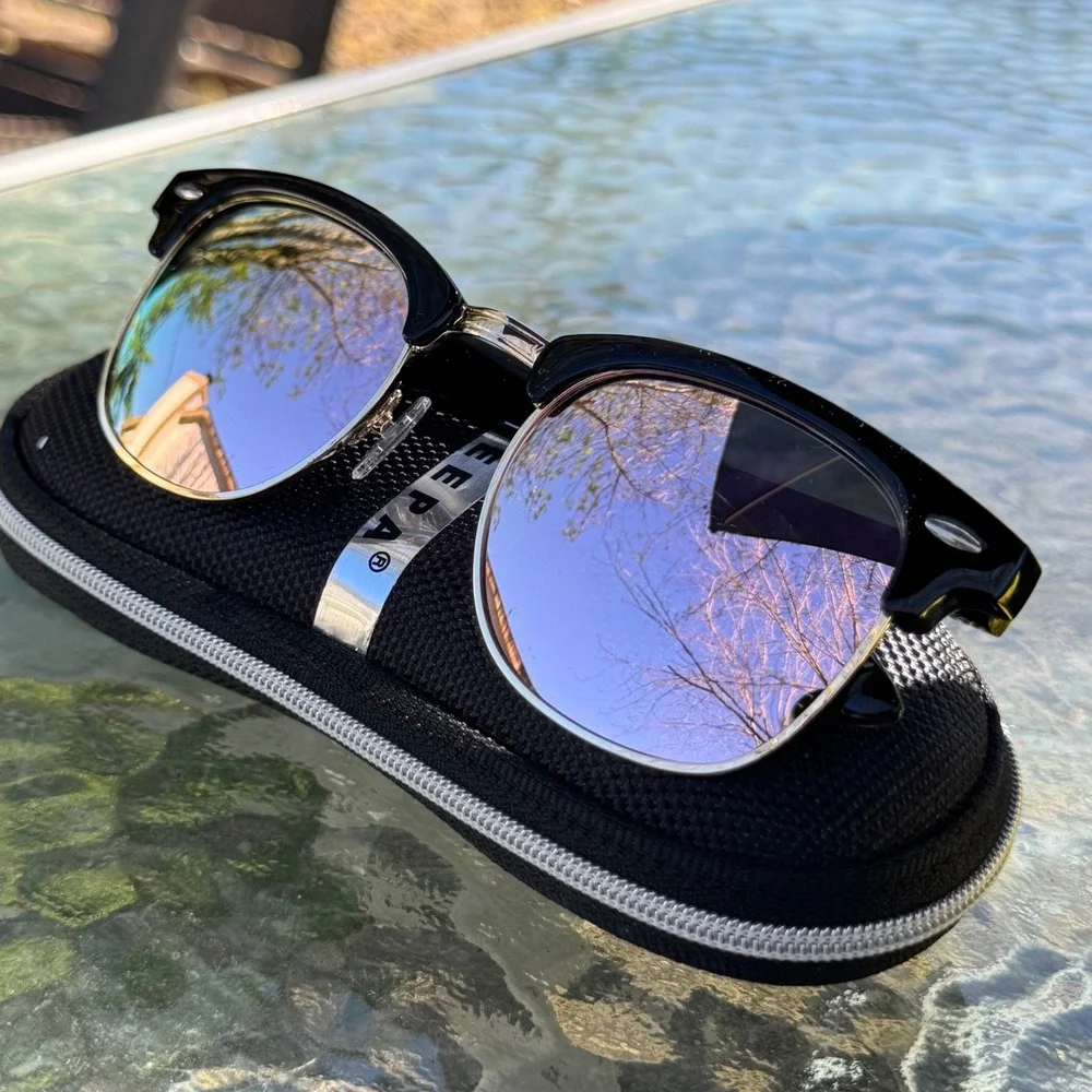 Browline Reflective Sunglasses Black Gold Mirrored Purple Lens Rectangular Frame
